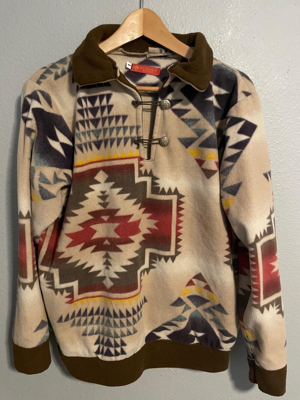 The Punchy Peyote Sweater Mens Large Aztec Fleece Pullover Western Brown Print